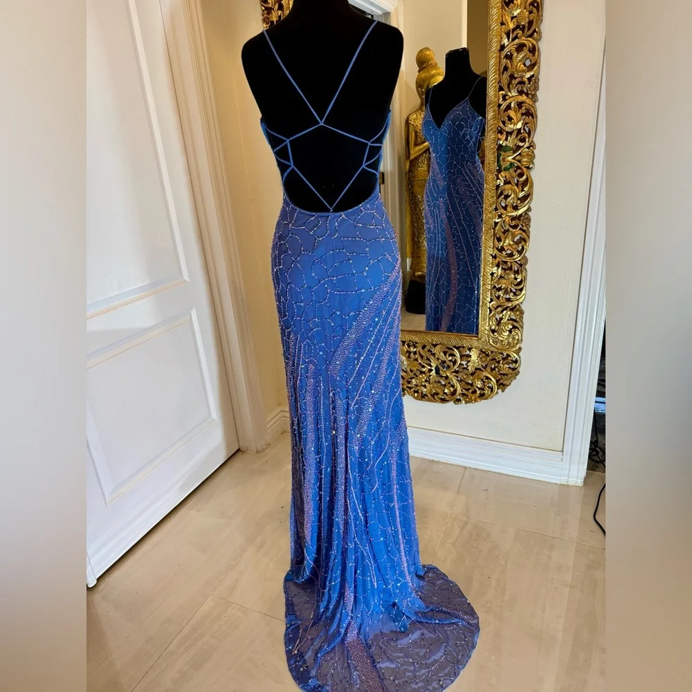 Periwinkle Blue hand Beaded‎ Evening Gown - Women's Formal Dress made on stretch